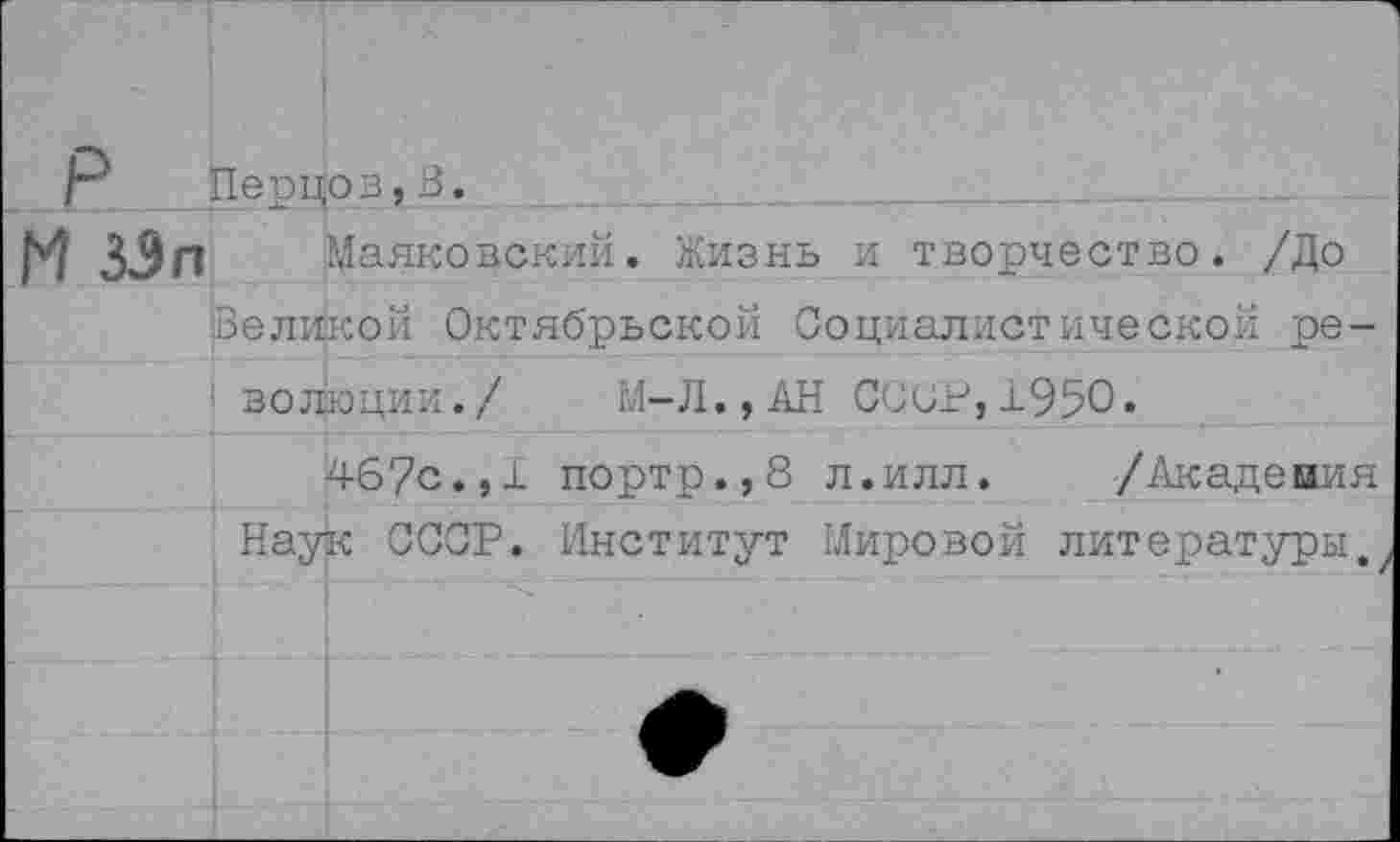 ﻿Р Перцоз,В.
N 33 п	Маяковский. Жизнь и творчество. /До
Великой Октябрьской Социалистической революции./ М-Л.,АН СССР,1950.
467с.,1 портр.,8 л.илл. /Акадеиия Наук СССР. Институт Мировой литературы.